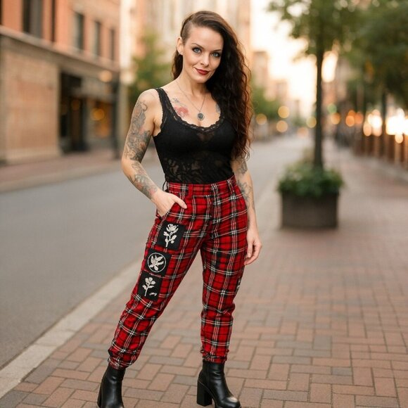 Long Clothing Red Tartan Clip Pants Punk Patch Buckle Straps Y2K Streetwear S - Picture 6 of 10